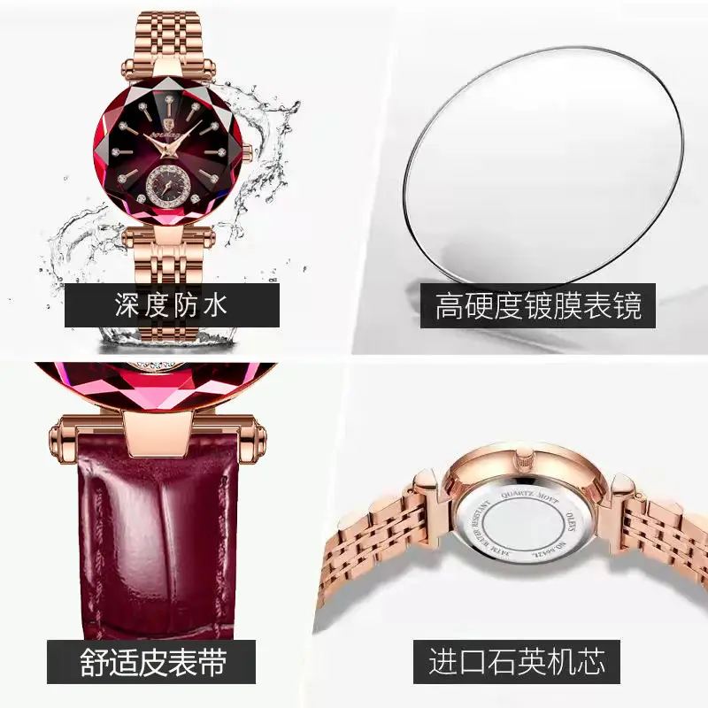Women's Maroon Crystal Watch with Rose Gold Band - Image 5