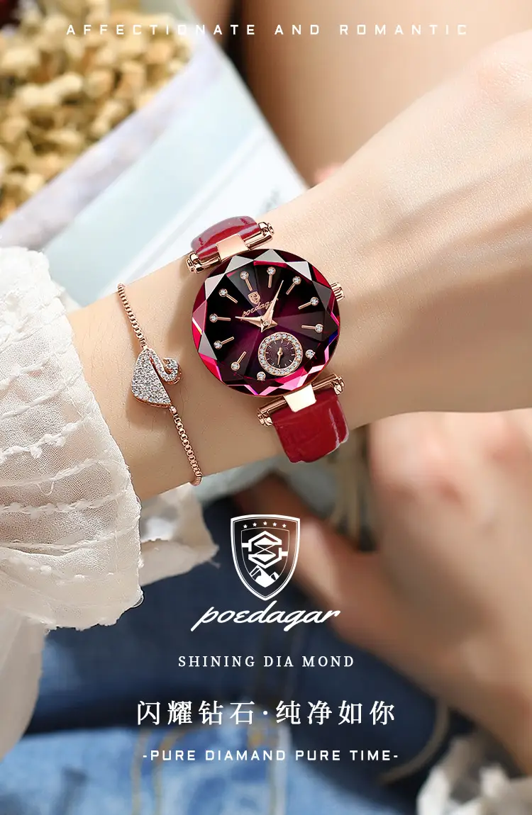 Women's Maroon Crystal Watch with Rose Gold Band — feature 2