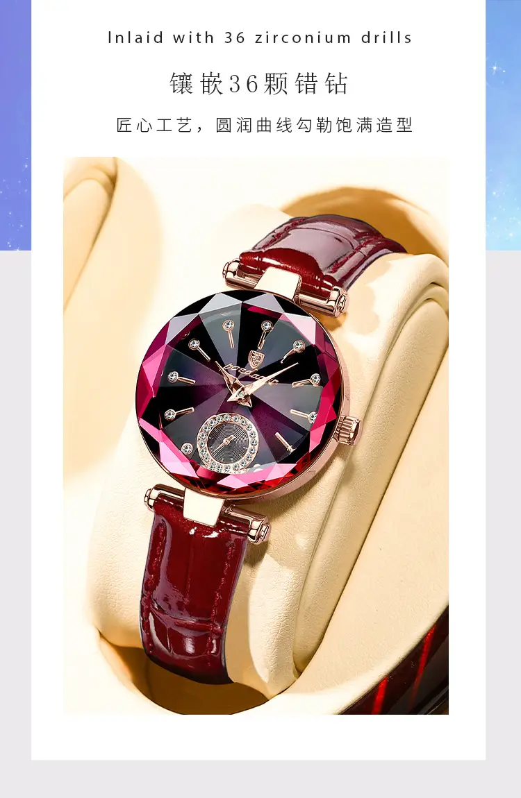 Women's Maroon Crystal Watch with Rose Gold Band — feature 6