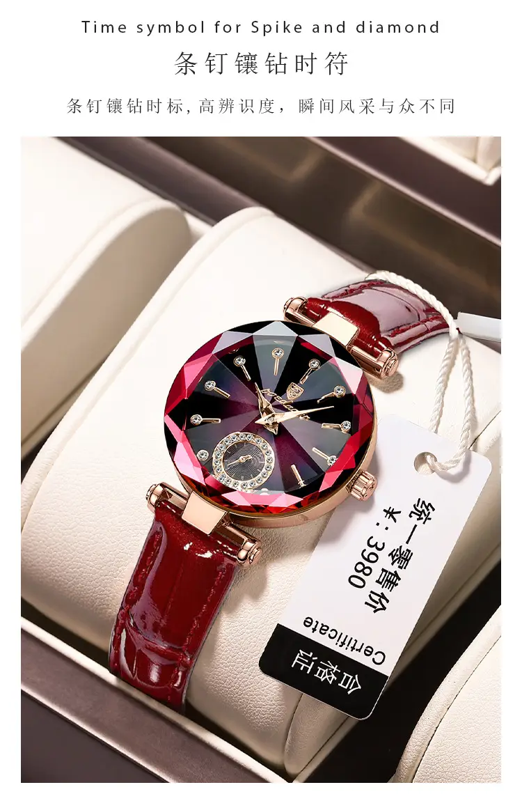 Women's Maroon Crystal Watch with Rose Gold Band — feature 7