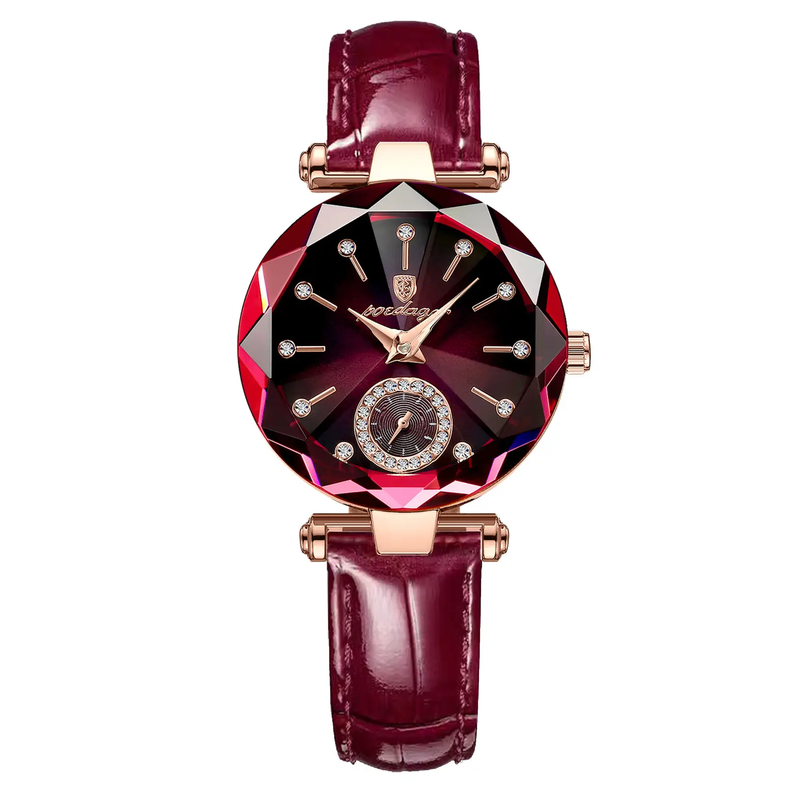 Women's Maroon Crystal Watch with Rose Gold Band - Image 2