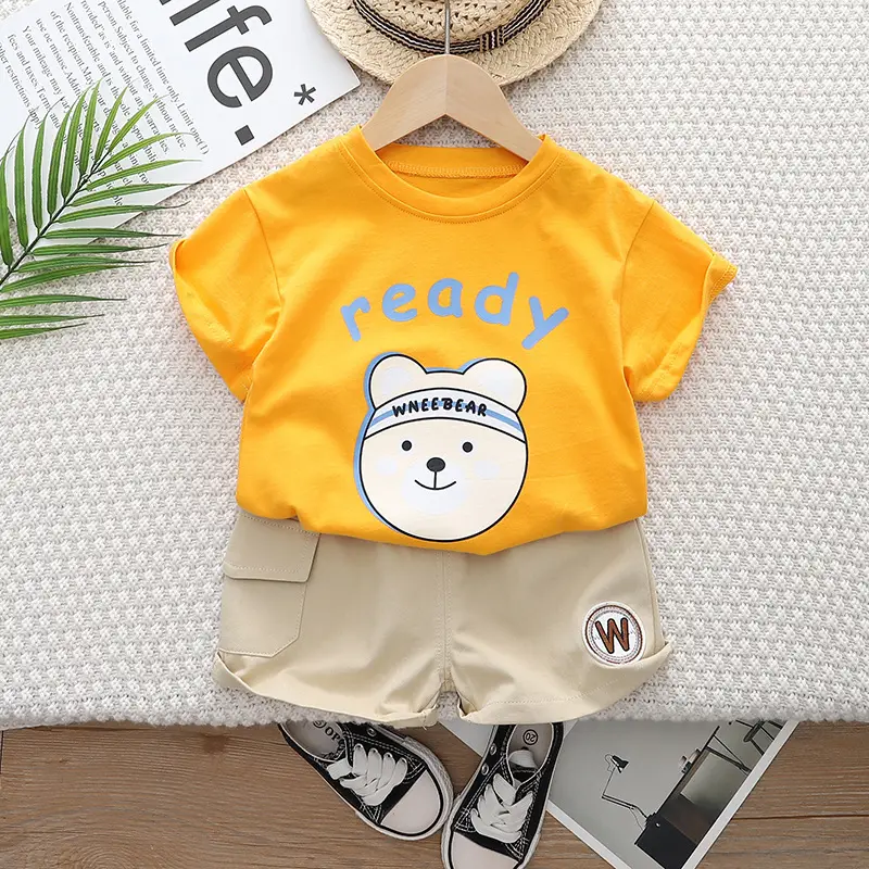 New Boys Korean Style Cartoon Suit Yellow Shorts Set - Image 2