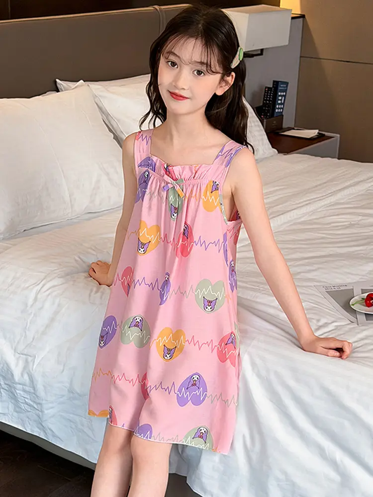 Girl's Nightdress Cotton Silk Summer Thin Children's Ice Silk Sling Pajamas Girl's Summer Dress Princess Dress Big Children's Home Dress