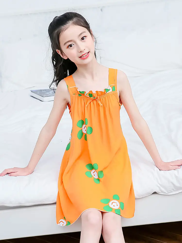 Girl's Nightdress Cotton Silk Summer Thin Children's Ice Silk Sling Pajamas Girl's Summer Dress Princess Dress Big Children's Home Dress