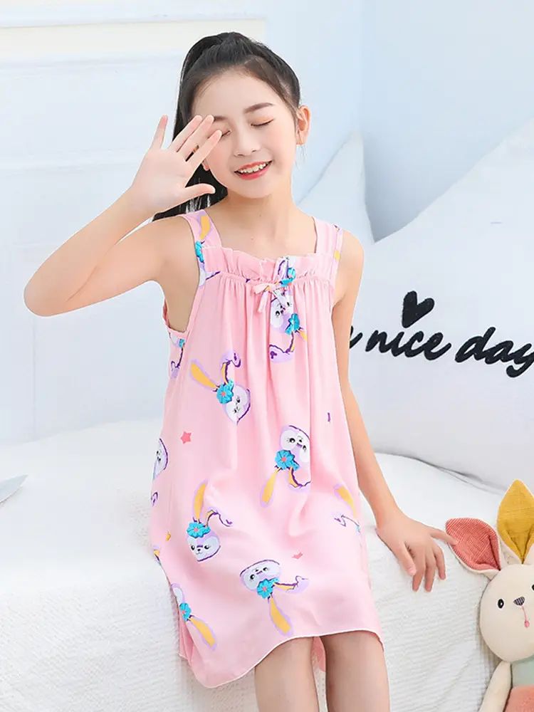 Girl's Nightdress Cotton Silk Summer Thin Children's Ice Silk Sling Pajamas Girl's Summer Dress Princess Dress Big Children's Home Dress
