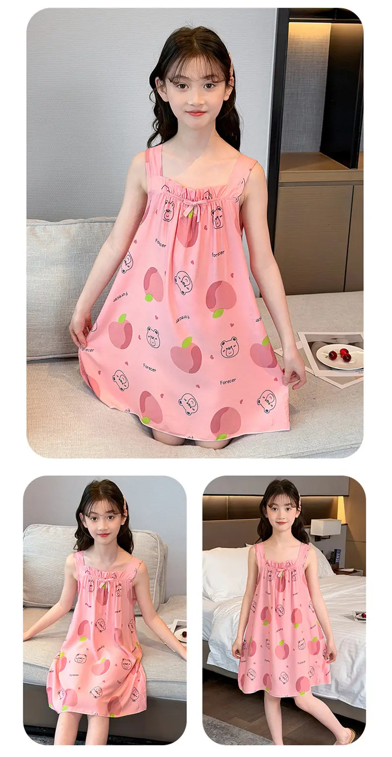 Girl's Nightdress Cotton Silk Summer Thin Children's Ice Silk Sling Pajamas Girl's Summer Dress Princess Dress Big Children's Home Dress — feature 11