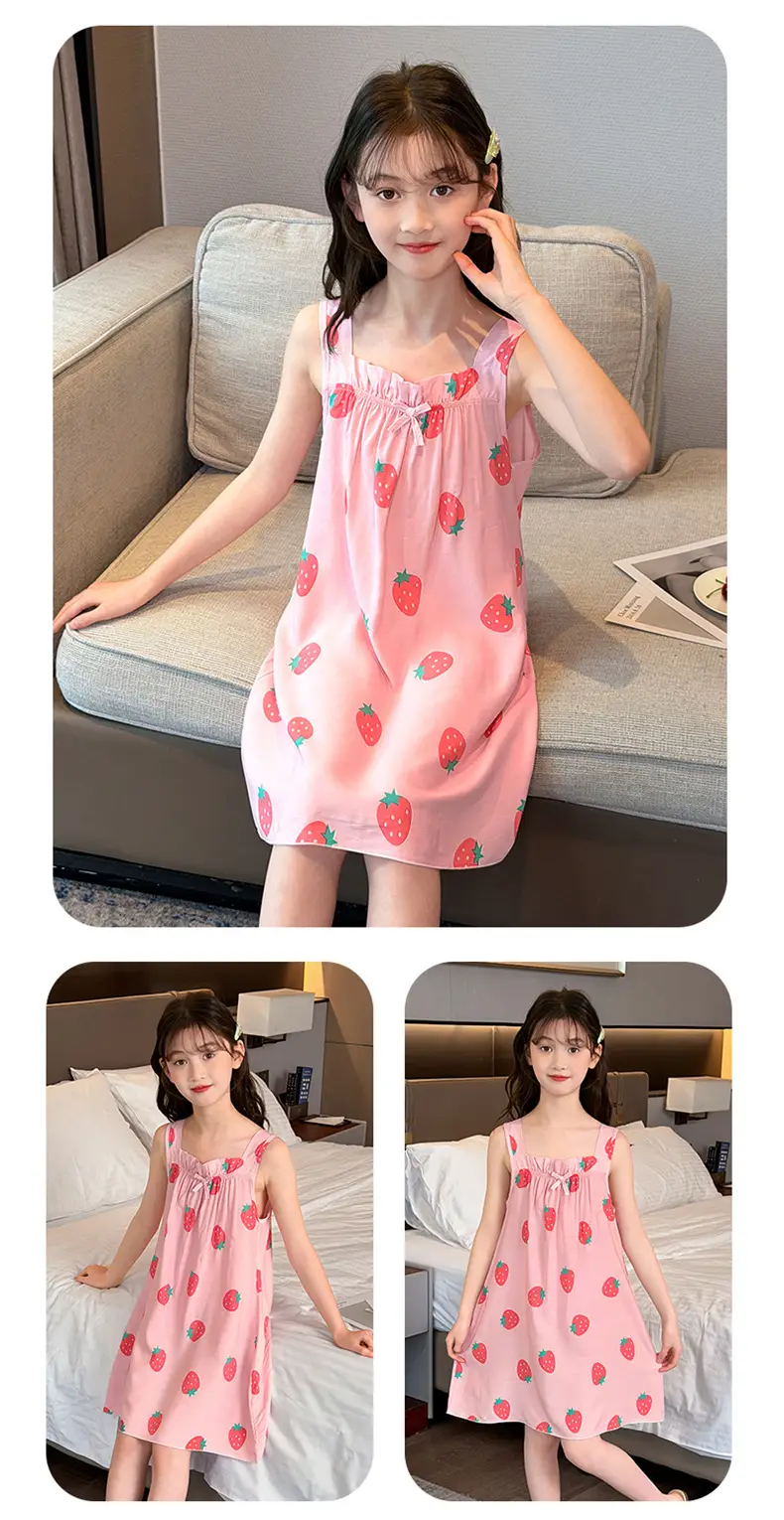 Girl's Nightdress Cotton Silk Summer Thin Children's Ice Silk Sling Pajamas Girl's Summer Dress Princess Dress Big Children's Home Dress — feature 12