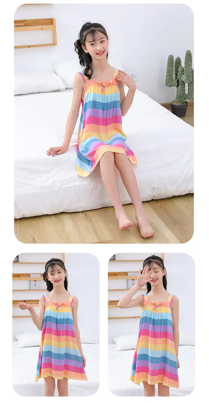Girl's Nightdress Cotton Silk Summer Thin Children's Ice Silk Sling Pajamas Girl's Summer Dress Princess Dress Big Children's Home Dress — feature 16