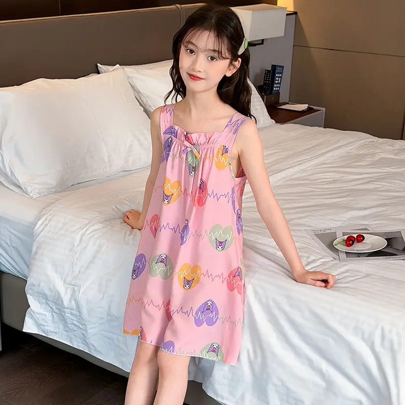 Girl's Nightdress Cotton Silk Summer Thin Children's Ice Silk Sling Pajamas Girl's Summer Dress Princess Dress Big Children's Home Dress
