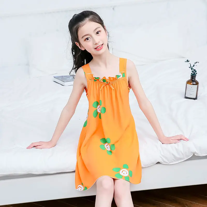 Girl's Nightdress Cotton Silk Summer Thin Children's Ice Silk Sling Pajamas Girl's Summer Dress Princess Dress Big Children's Home Dress