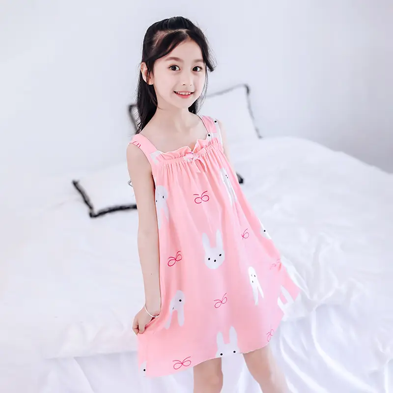 Girl's Nightdress Cotton Silk Summer Thin Children's Ice Silk Sling Pajamas Girl's Summer Dress Princess Dress Big Children's Home Dress