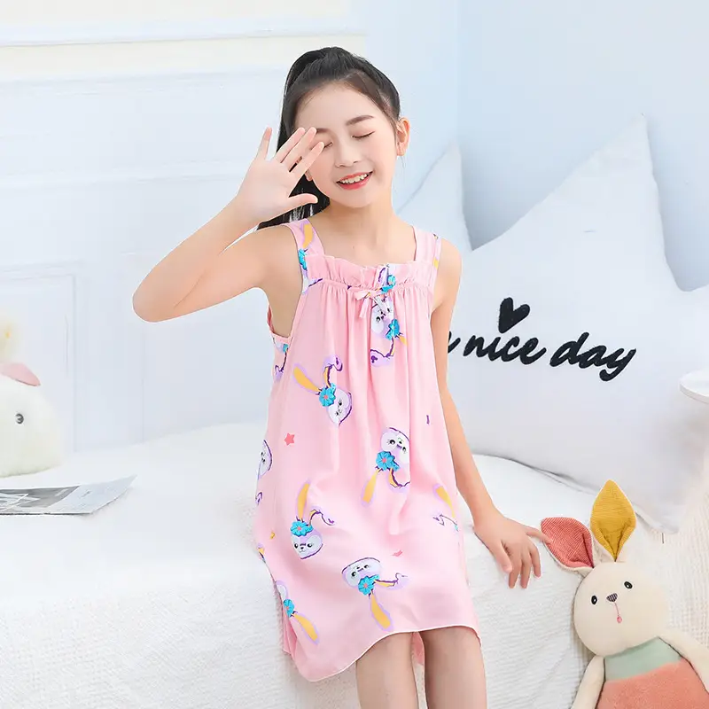 Girl's Nightdress Cotton Silk Summer Thin Children's Ice Silk Sling Pajamas Girl's Summer Dress Princess Dress Big Children's Home Dress