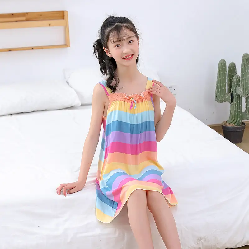 Girl's Nightdress Cotton Silk Summer Thin Children's Ice Silk Sling Pajamas Girl's Summer Dress Princess Dress Big Children's Home Dress