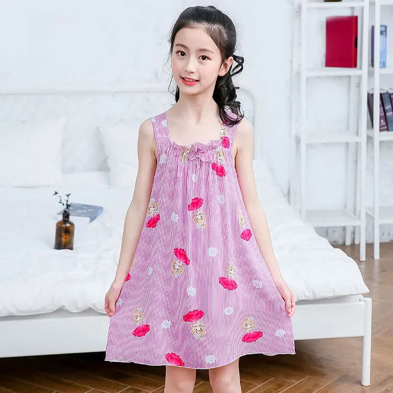Girl's Nightdress Cotton Silk Summer Thin Children's Ice Silk Sling Pajamas Girl's Summer Dress Princess Dress Big Children's Home Dress
