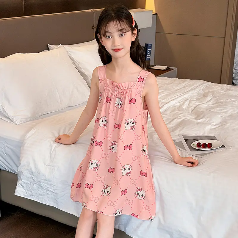 Girl's Nightdress Cotton Silk Summer Thin Children's Ice Silk Sling Pajamas Girl's Summer Dress Princess Dress Big Children's Home Dress