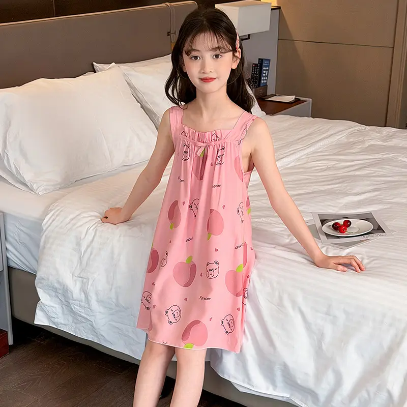Girl's Nightdress Cotton Silk Summer Thin Children's Ice Silk Sling Pajamas Girl's Summer Dress Princess Dress Big Children's Home Dress