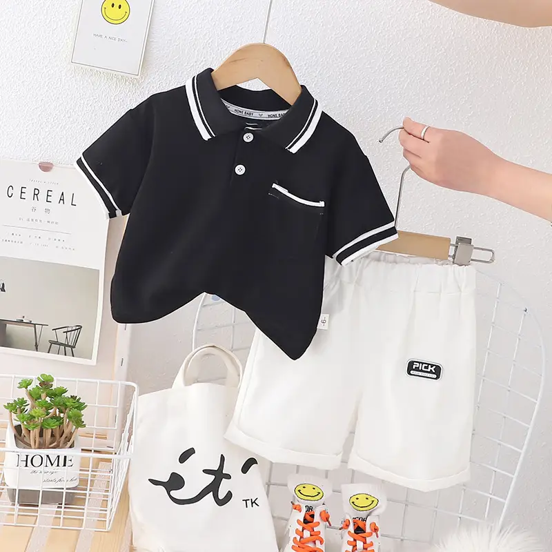 Black Polo Top with White Trim for Boys Shorts Set - Image 3
