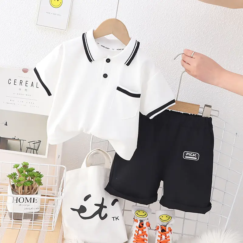 Black Polo Top with White Trim for Boys Shorts Set - Image 4