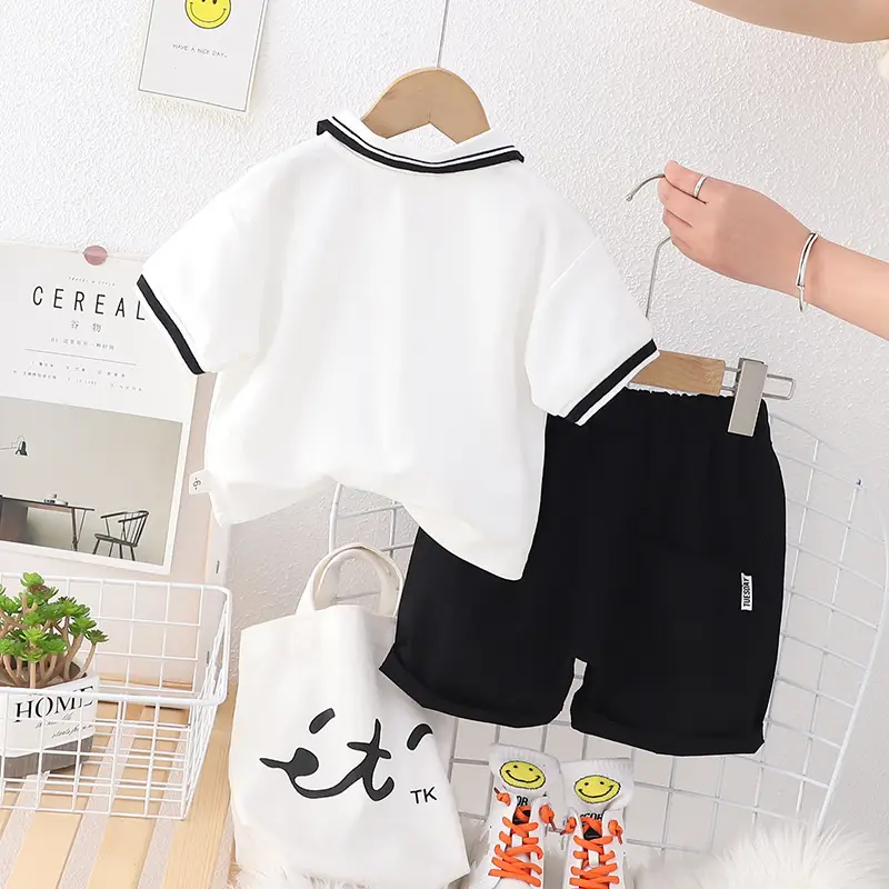 Black Polo Top with White Trim for Boys Shorts Set - Image 5