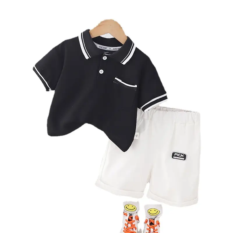 Black Polo Top with White Trim for Boys Shorts Set - Image 6