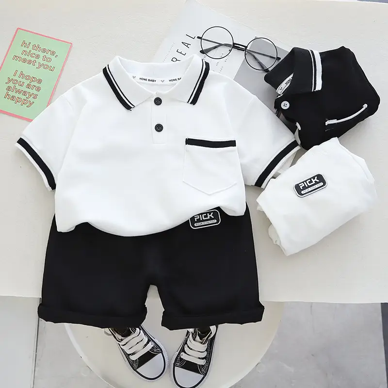Black Polo Top with White Trim for Boys Shorts Set — feature 2