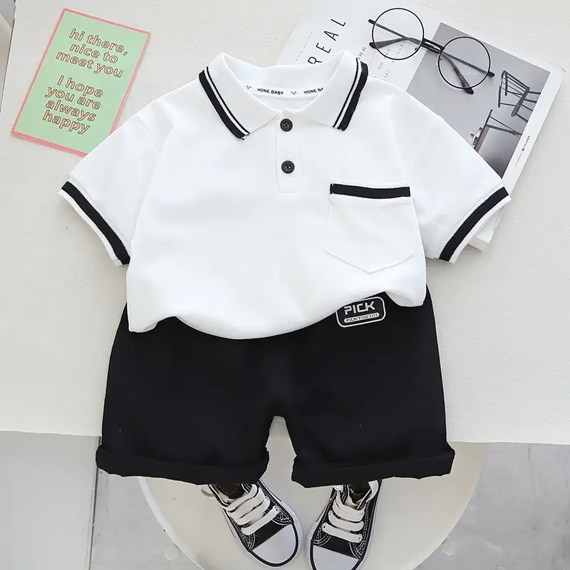 Black Polo Top with White Trim for Boys Shorts Set — feature 3