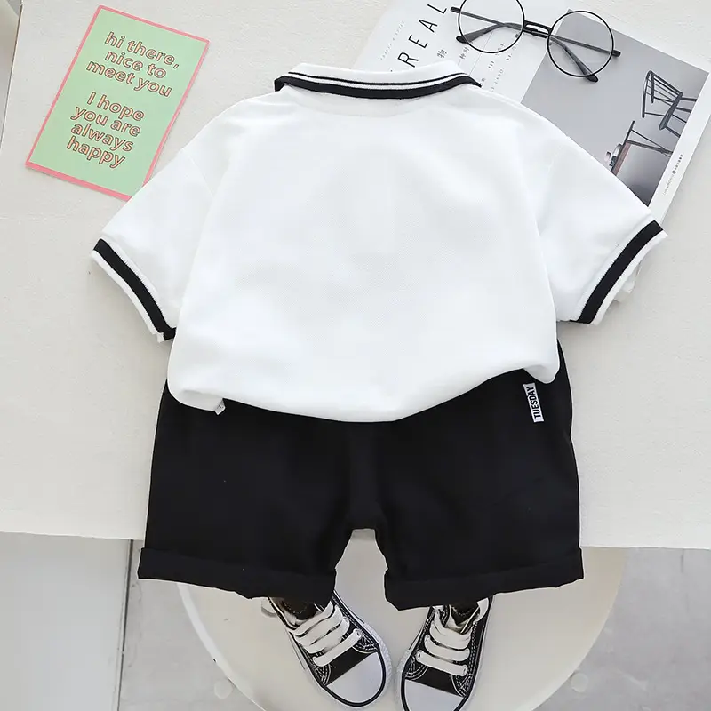 Black Polo Top with White Trim for Boys Shorts Set — feature 5