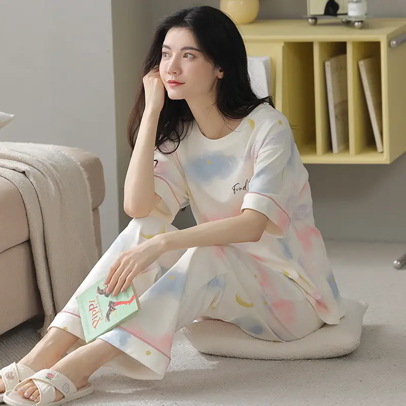 Women's Summer Cotton Pajamas Short Sleeve Trousers - Image 3