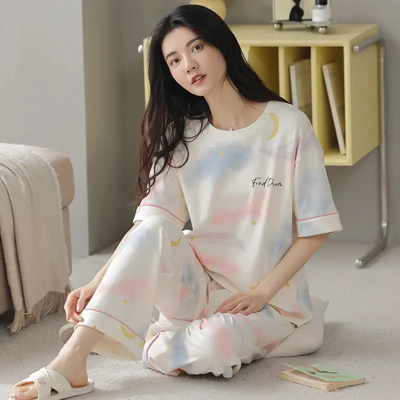 Women's Summer Cotton Pajamas Short Sleeve Trousers - Image 4