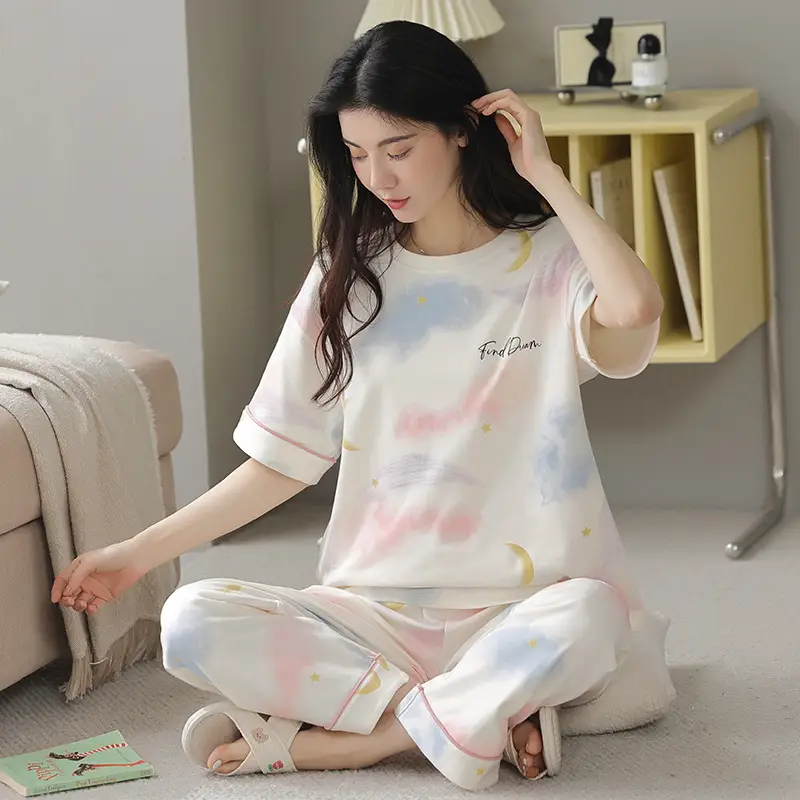 Women's Summer Cotton Pajamas Short Sleeve Trousers - Image 5