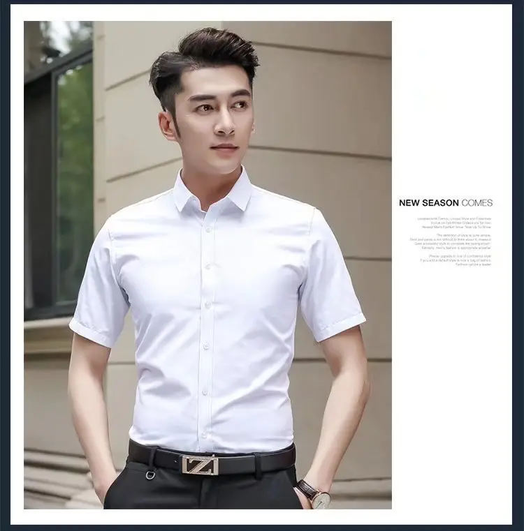 Men Summer White Slim Fit Shirt Short Sleeve - Image 51
