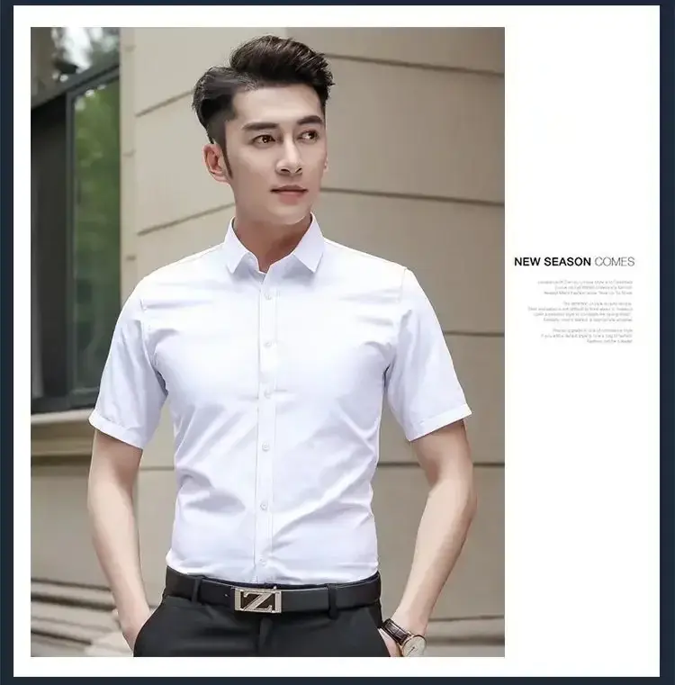 Men Summer White Slim Fit Shirt Short Sleeve - Image 15
