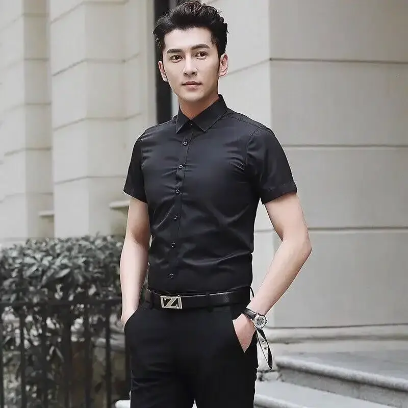 Men Summer White Slim Fit Shirt Short Sleeve - Image 2