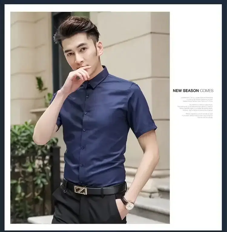 Men Summer White Slim Fit Shirt Short Sleeve - Image 20