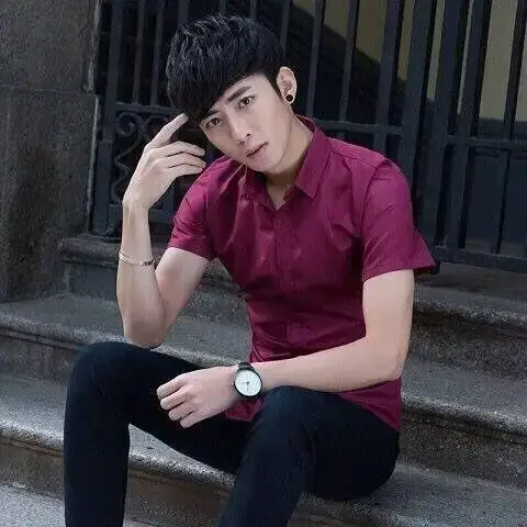 Men Summer White Slim Fit Shirt Short Sleeve - Image 44