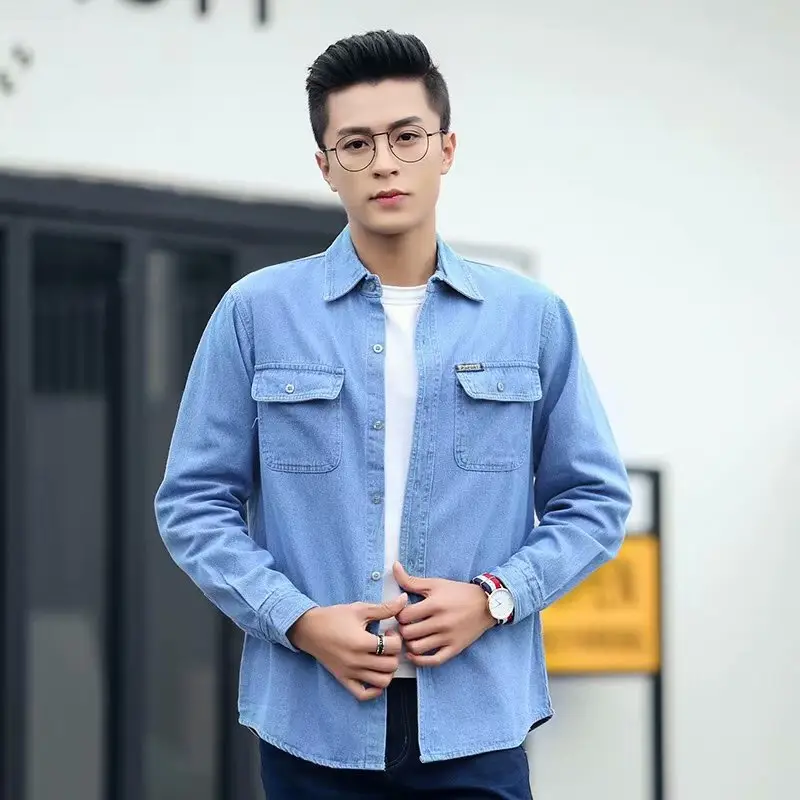 Blue Denim Long Sleeve Shirt for Men Middle Age - Image 5