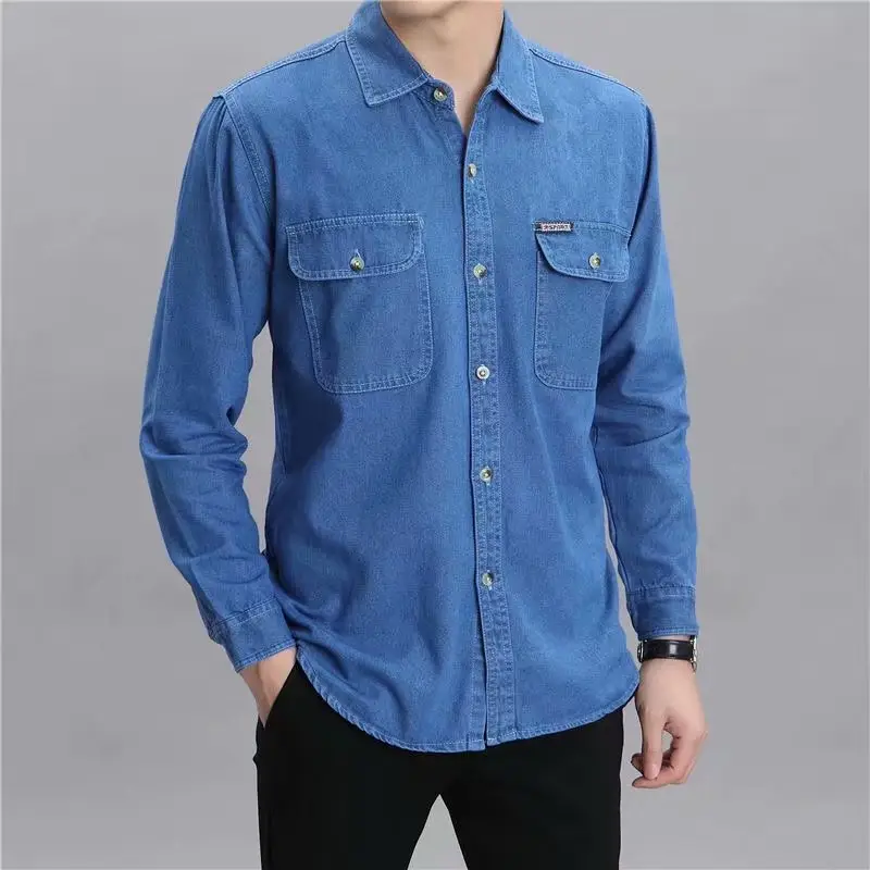 Blue Denim Long Sleeve Shirt for Men Middle Age - Image 6