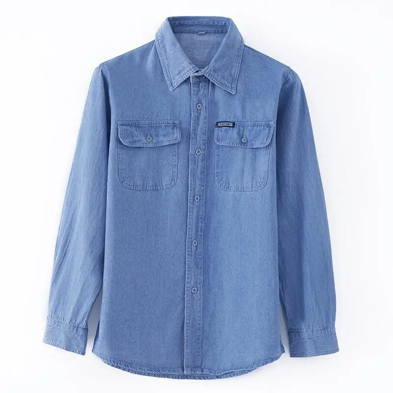Blue Denim Long Sleeve Shirt for Men Middle Age — feature 2