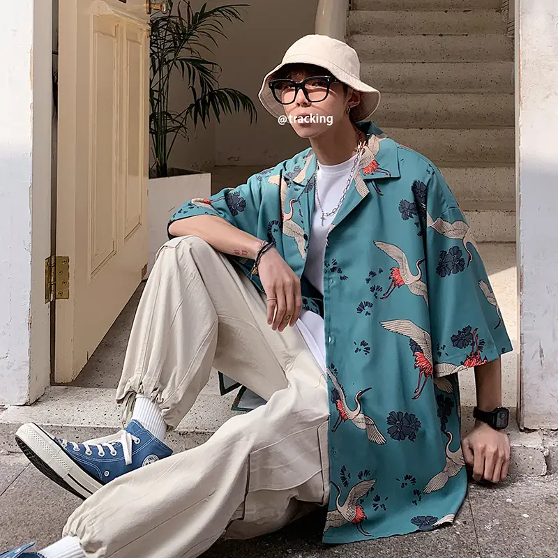 Men Korean Print Short Sleeve Shirt Blue Student Casual - Image 6