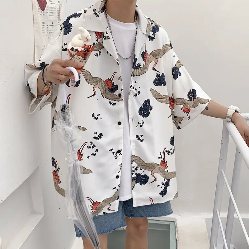 Men Korean Print Short Sleeve Shirt Blue Student Casual - Image 7