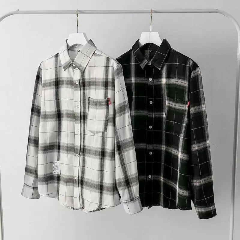 Men's Plaid Long Sleeve Shirt Black White - Image 16