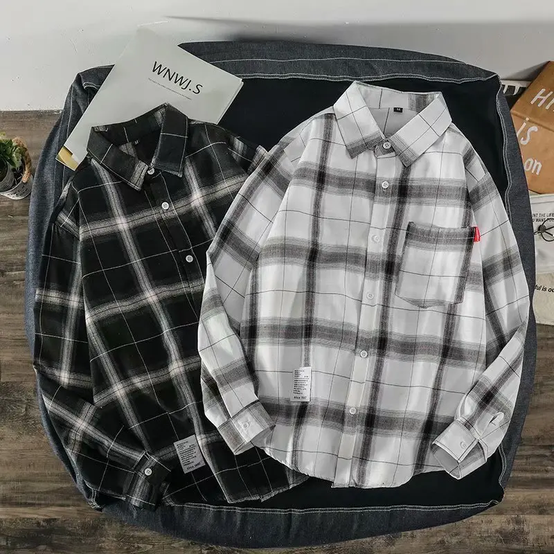 Men's Plaid Long Sleeve Shirt Black White - Image 17