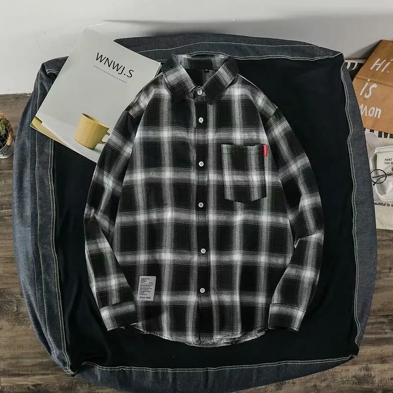 Men's Plaid Long Sleeve Shirt Black White - Image 18