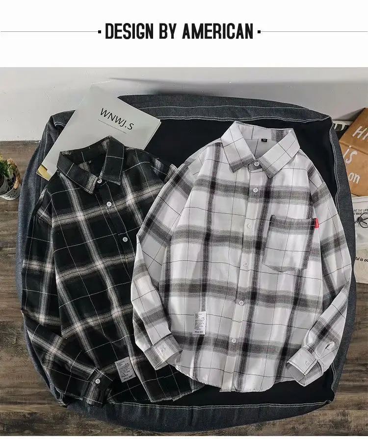 Men's Plaid Long Sleeve Shirt Black White — feature 3
