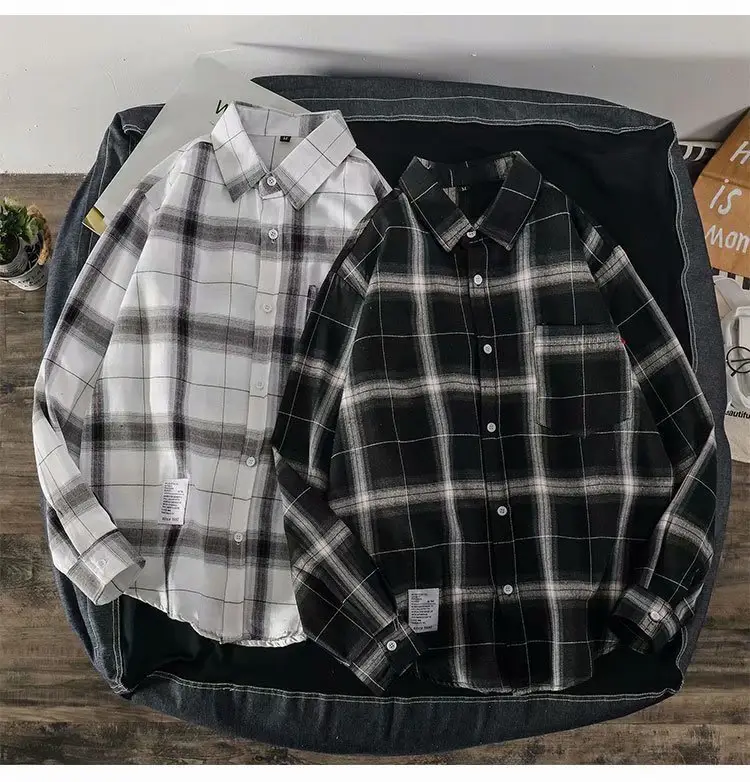 Men's Plaid Long Sleeve Shirt Black White — feature 5