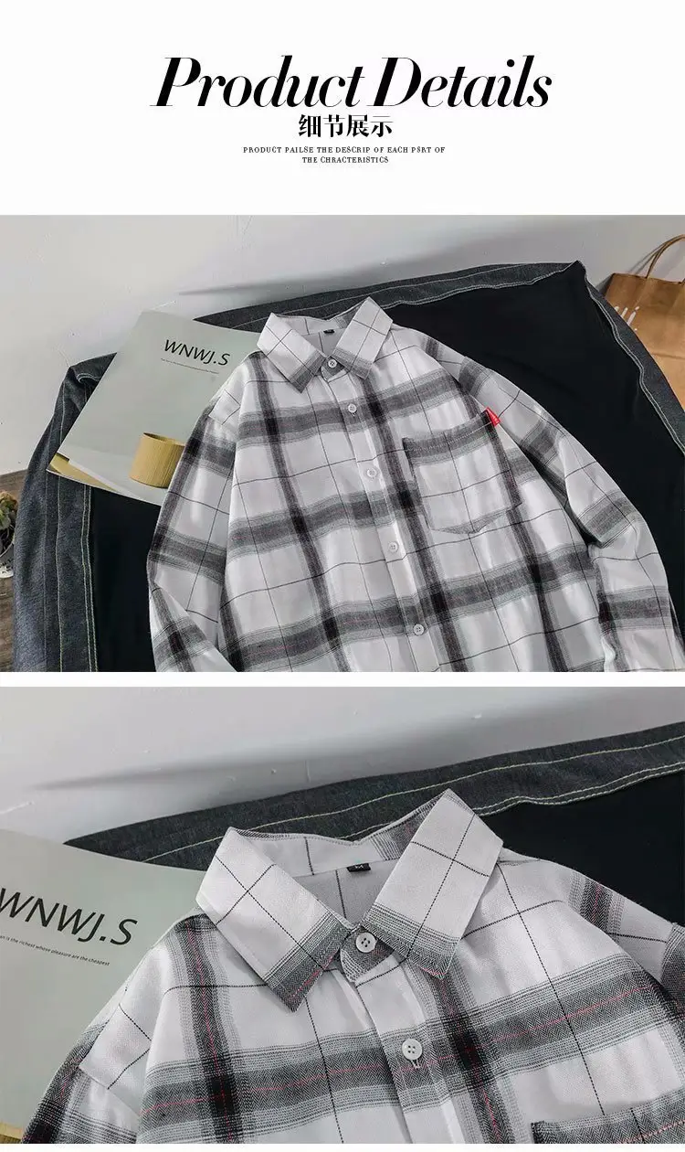 Men's Plaid Long Sleeve Shirt Black White — feature 8