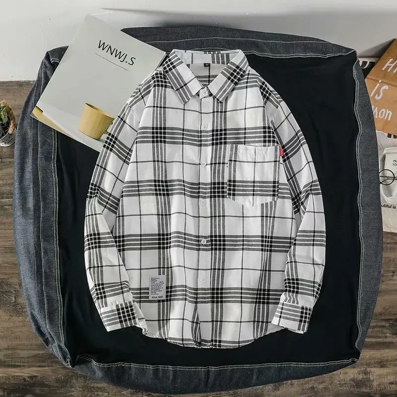 Men's Plaid Long Sleeve Shirt Black White - Image 10