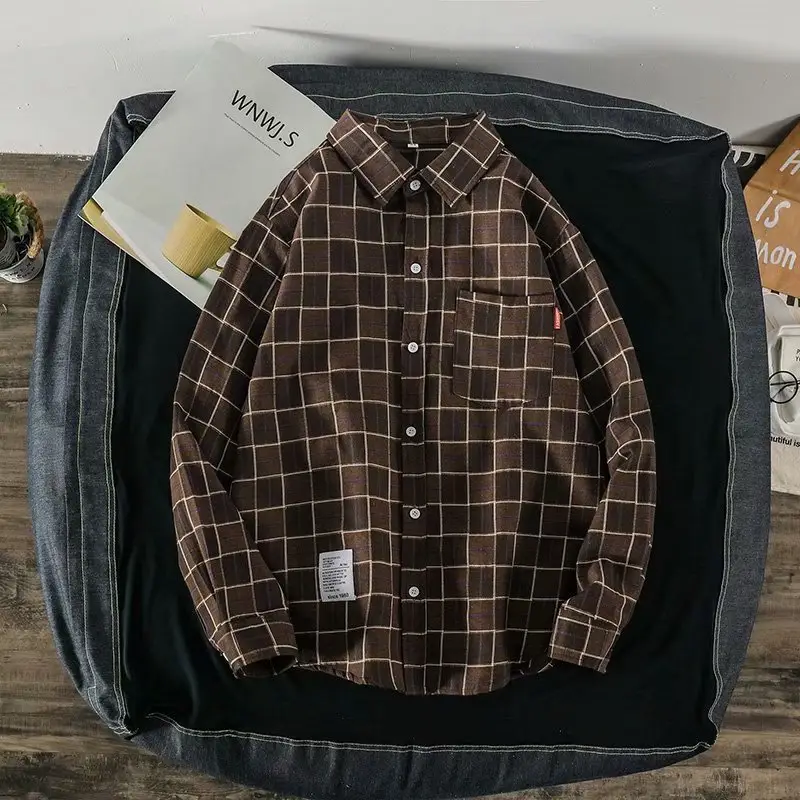 Men's Plaid Long Sleeve Shirt Black White - Image 13