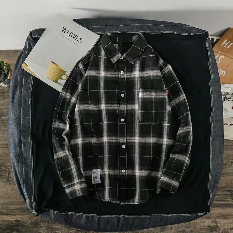 Men's Plaid Long Sleeve Shirt Black White - Image 2