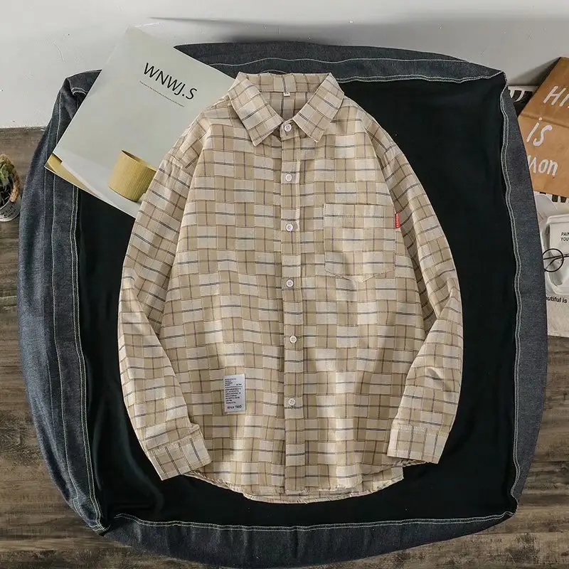 Men's Plaid Long Sleeve Shirt Black White - Image 3